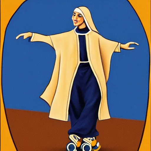 Image similar to blonde nun in blue clothes on roller skates, photorealistic, in the style of michaelangelo