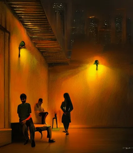 Image similar to lovers in the dark. art by salman toor. global illumination, radiant light, detailed and intricate environment, atmospheric light, cinematic, saatchi art