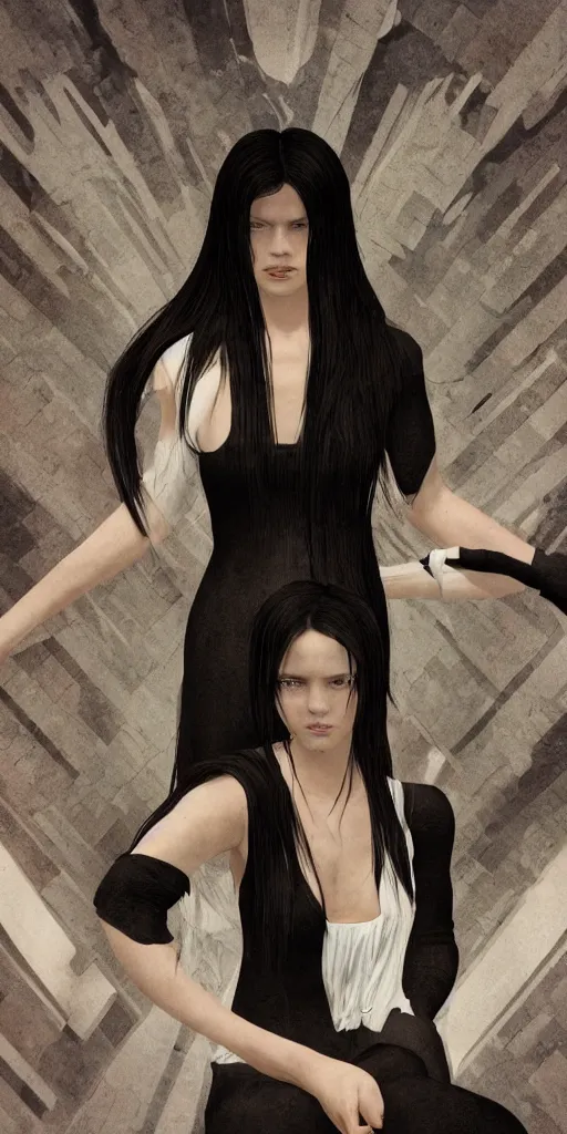 Image similar to photo of lonely young girl with straight long black hair wearing black dress and sitting on bathroom floor, photo made by vanessa beecroft, render by artgem and alphonse mucha for capcom co, resident evil