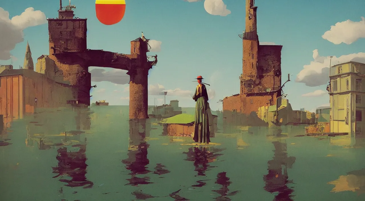 Prompt: flooded colorful surreal lonely single ancient tower, very coherent high contrast!! painting by stalenhag spitzweg magritte syd mead norman rockwell edward hopper james gilleard, dark shadows, sunny day, triadic color scheme, hard lighting, masterpiece