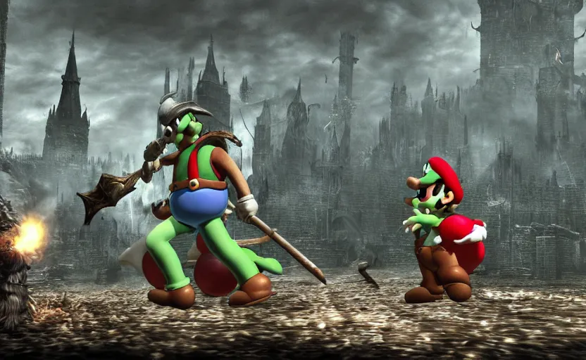 Prompt: mario and luigi as dark souls bosses, bloodborne screenshot, elder titans of the mushroom demanse, gothic bosses, epic battle, dual fight, cinematic art, character portrait, boss encounter, dangerous, fallen mushroom kingdom, castle ruins and demented goombas