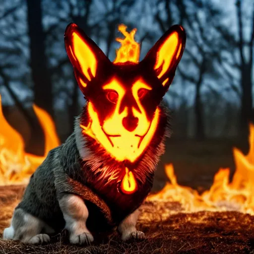 Prompt: hellhound with the head of a corgi and the body of a demon dog, flames, dark and intense red lighting, the hellhound is snarling, ultra realistic