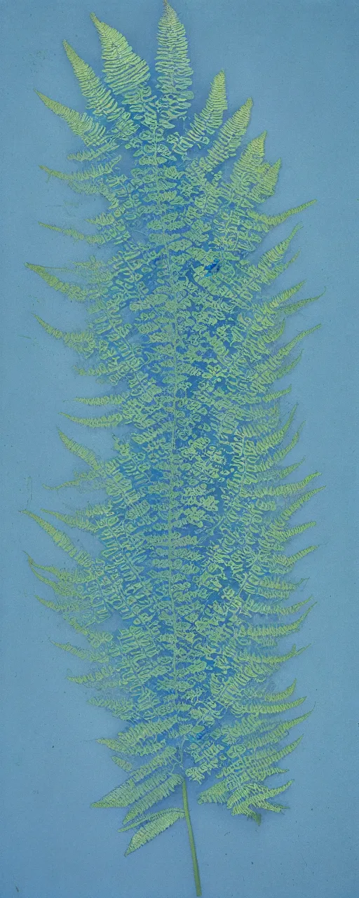 Prompt: a beautiful fern Cyanotype by Anna Atkins, seaweed, Algae, white on a blue background, Photography, botanical