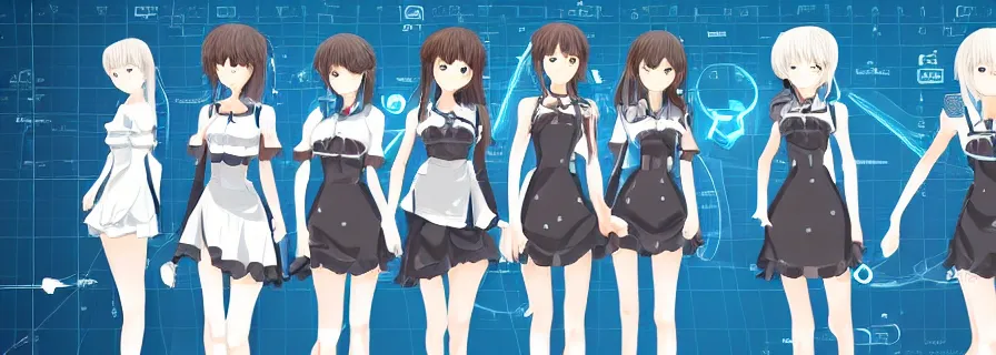 Image similar to pattern of anthropomorphic social 3 d anime girls accompanying artificial intelligence blueprint