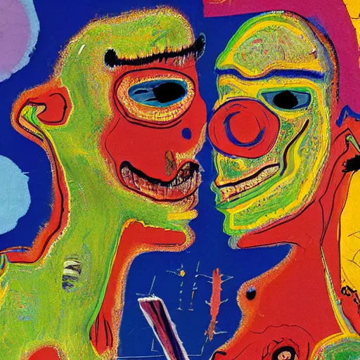 Prompt: abstract painting of two bizarre psychedelic women kissing each other closeup on an alien planet, speculative evolution, mixed media collage by basquiat and junji ito, magazine collage art