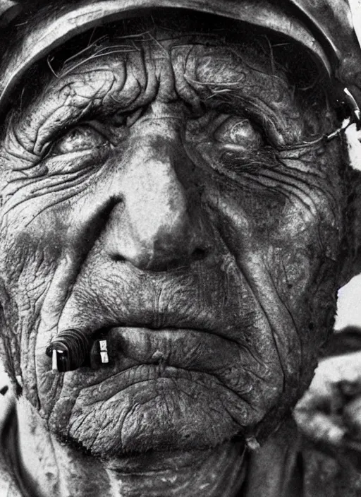 Prompt: hyper detailed bright photograph of a tired miner by don mccullin, color, dslr