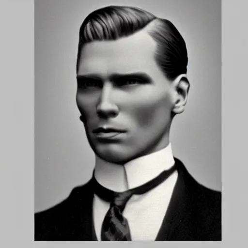 Image similar to A photograph portrait of Jerma985 with slicked back hair in the early 1900s, taken in the early 1900s, grainy, taken on a early 1900s Kodak Camera, realistic, hyperrealistic, very realistic, highly detailed, very detailed, extremely detailed, detailed, digital art, trending on artstation