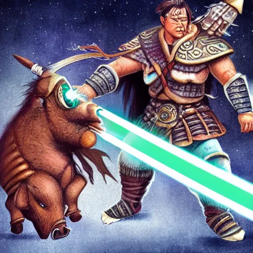 Image similar to mongolian dnd barbarian riding a boar with a lightsaber