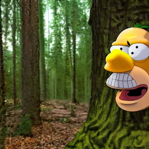 Prompt: Photorealistic homer Simpson in the woods creepy