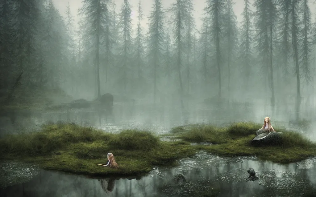 Prompt: mermaid on a rock in a pond in the middle of the forest, fir trees, moss, fog, dramatic atmosphere, highly detailed, cinematic lighting, perfect composition artem demura