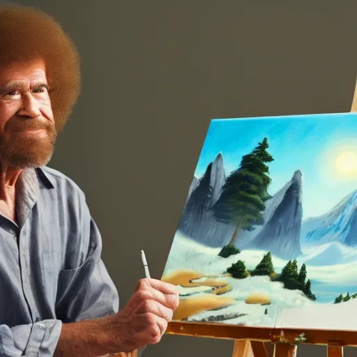 Image similar to a closeup photorealistic photograph of bob ross working on a canvas painting of mickey mouse. film still. brightly lit scene. mountains and trees. this 4 k hd image is trending on artstation, featured on behance, well - rendered, extra crisp, features intricate detail, epic composition and the style of unreal engine.