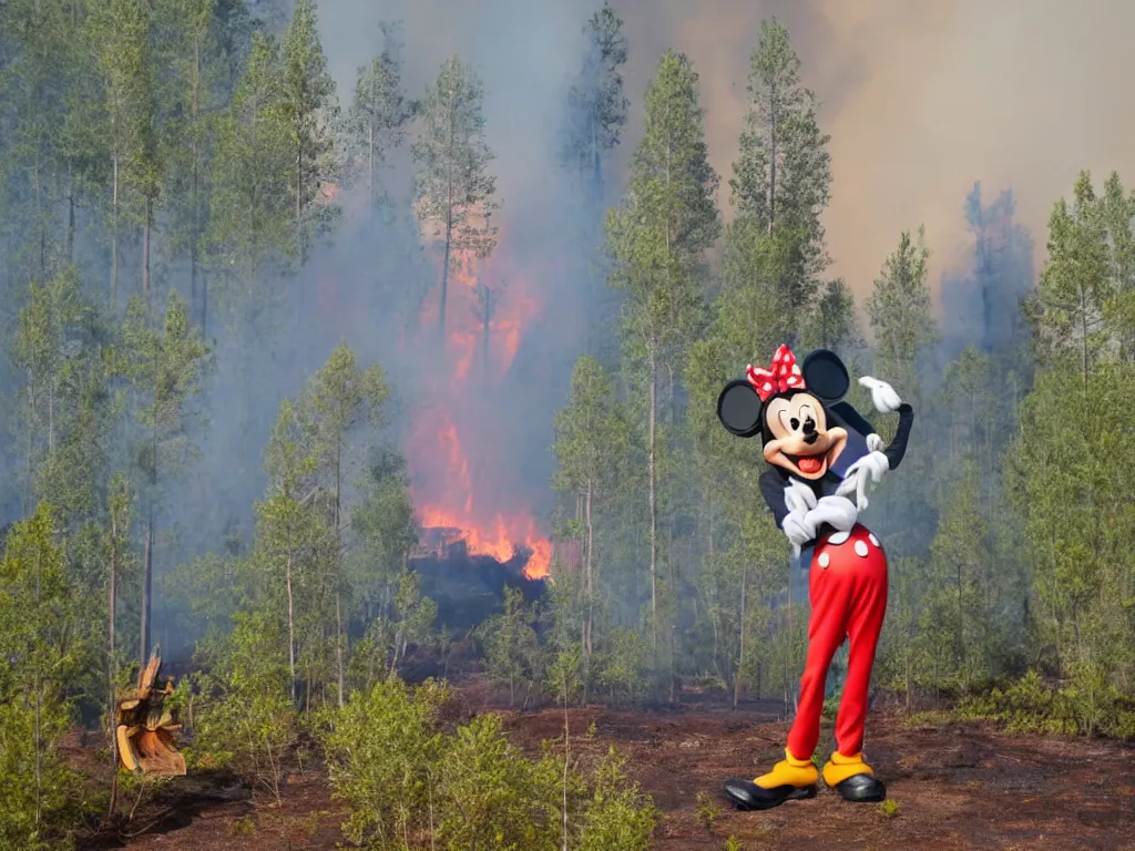 Prompt: disney's goofy trying to put out a wildfire somewhere in southern finland, smoky, ashes