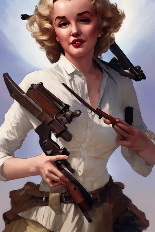 Image similar to beautiful cottagecore Marylin Monroe holding a rifle. intricate, elegant. highly detailed, digital painting, artstation, concept art, smooth, sharp, focus, illustration. . art by artgerm and greg rutkowski and alphonse mucha