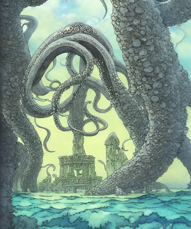 Image similar to a hyperrealist studio ghibli watercolor fantasy concept art of a giant grey octopus building stonehenge underwater. by rebecca guay, michael kaluta, charles vess