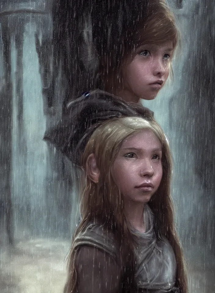 Prompt: a closeup portrait of an young girl from skyrim standing in an alleyway whilst raining, fantasy setting, city environment, serene colors, soft lighting, atmospheric, cinematic, moody, in the style of diego koi, gina heyer, luiz escanuela, art by alyssa monk, depth, hyperrealism, rule of thirds, golden ratio, oil on canvas, 8 k