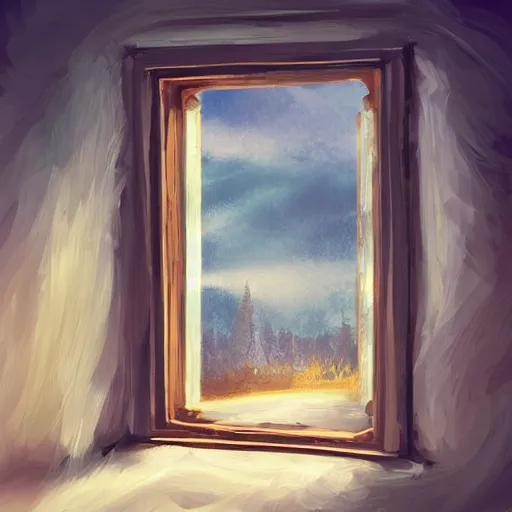 Prompt: a beautiful, mesmerizing landscape seen through a window, digital art, trending on artstation