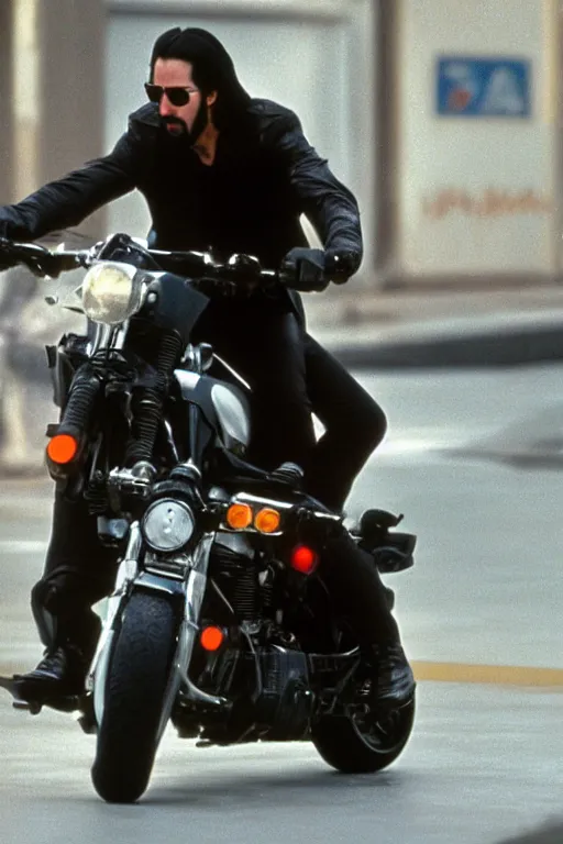 Image similar to beautiful hyperrealism three point perspective film still of Keanu Reeves as neo in bullet in a nice oceanfront promenade motorcycle chase scene in Matrix meets ronin(1990) extreme closeup portrait in style of 1990s frontiers in translucent porcelain miniature street photography fashion edition, focus on face, tilt shift style scene background, soft lighting, Kodak Portra 400, cinematic style, telephoto by Emmanuel Lubezki