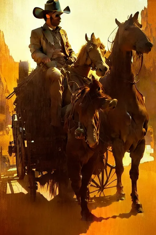 Image similar to hyperrealist portrait of a cowboy driving a stage coach by jeremy mann and alphonse mucha, fantasy art, photo realistic, dynamic lighting, artstation, poster, volumetric lighting, very detailed faces, hdr, high dynamic range, 4 k, award winning