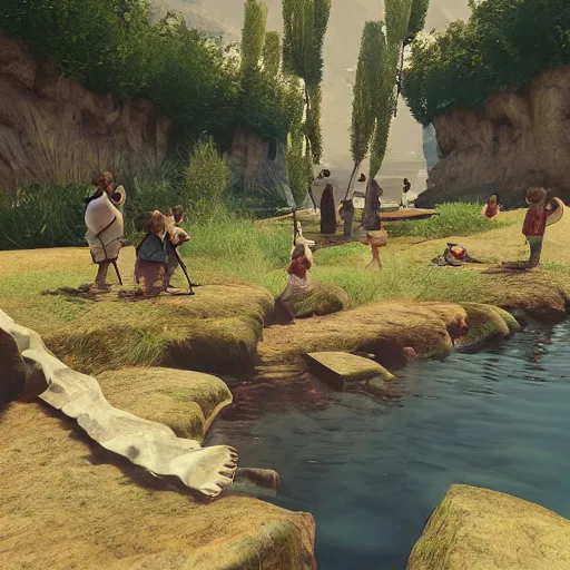 Prompt: “medieval kids playing in the river, unreal engine, focus, utra detailed”