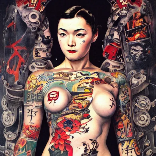 Prompt: super model cyborg girl with Japanese yakuza full body tattoo in moody future world, painted by Norman Rockwell and Bosch