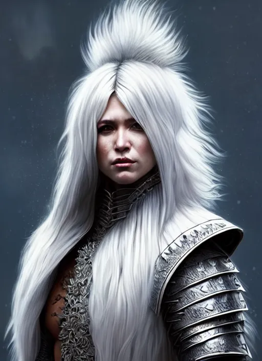 Image similar to fur leather armor!!! long wild white hair!! covered chest!!! fantasy, d & d, intricate ornate details, symmetry, concept art, sharp focus, illustration, art by artgerm! greg rutkowski magali villeneuve wlop! ilya kuvshinov!!, octane render, unreal engine 5, highly rendered!!