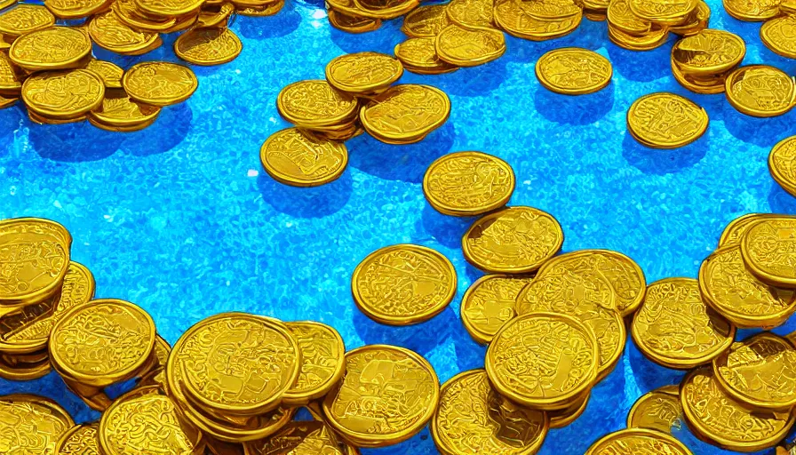 Prompt: a swimming pool full of gold coins, digital art, highly detailed, realistic, bright colors, 8 k