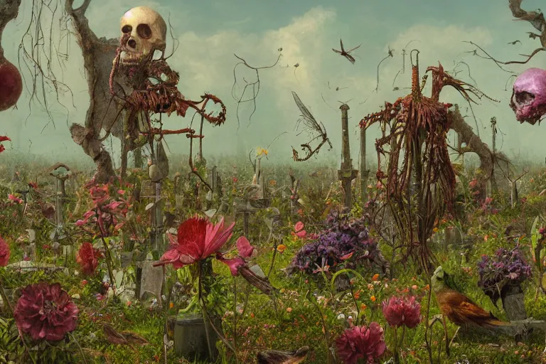 Prompt: 'Life from death' An aesthetic horror painting depicting 'A graveyard with plants and flowers growing, birds and insects flying around' by Wayne Barlowe, Trending on cgsociety artstation, 8k, masterpiece, cinematic lighting, vibrant colors.