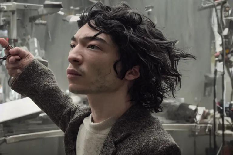 Image similar to a cinematic portrait of ezra miller fusing with a mechanical monstrosity, hyperdetailed, shinya tsukamoto, 8 k, hd, high resolution, 8 5 mm, f / 1. 8