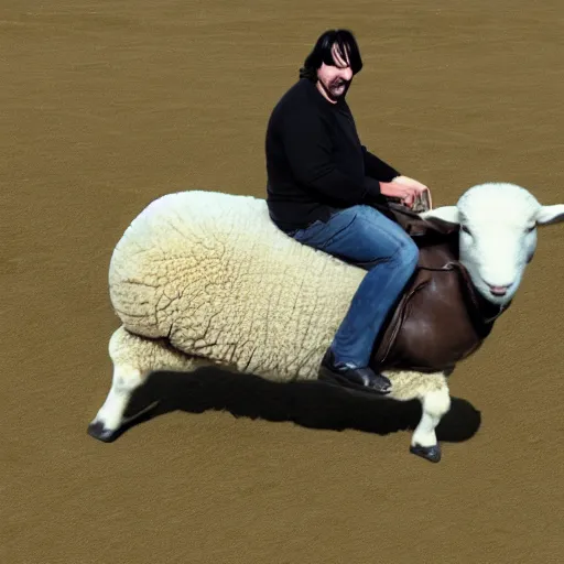 Image similar to morbidly obese keanu reeves riding a texel sheep, photo, detailed, 4 k