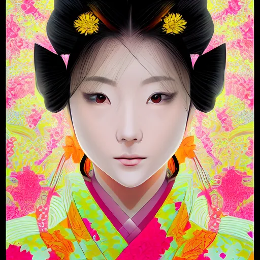 Image similar to centered portrait of beautiful Japanese girl in kimono, hyperdetailed, digital painting, trending on Artstation, anime style coloring
