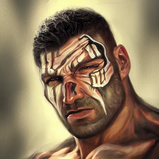 Prompt: portrait of remorseful frank castle the punisher, bruised, face paint, intricate, elegant, highly detailed, centered, grungy, digital painting, artstation, concept art, smooth, sharp focus, illustration, artgerm, artstation, boris vallejo