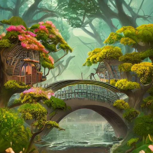 Image similar to a beautiful nature civilization, fancy, flowers, bridges, nature city, people, tree houses, trending on artstation, behance, deviantart