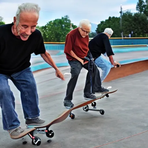 Image similar to senior citizens grinding rails at a skate park