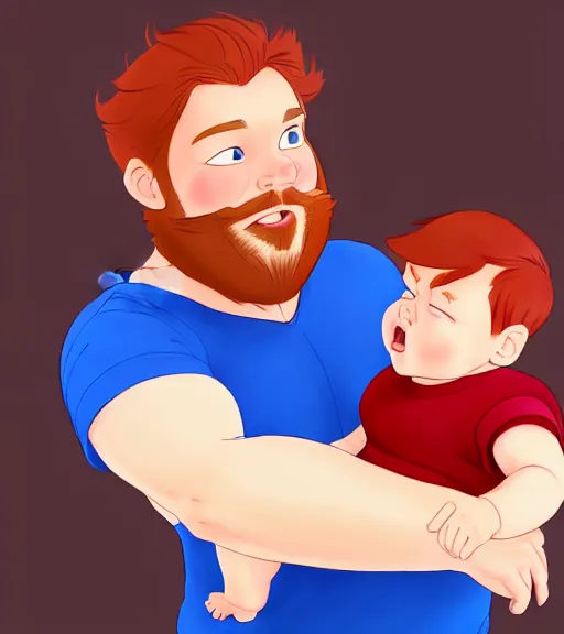 Image similar to a father with short red hair, a short red beard and blue eyes and a slightly chubby face hold his infant son with short brown hair full color digital illustration in the style of don bluth, artgerm, artstation trending, 4 k