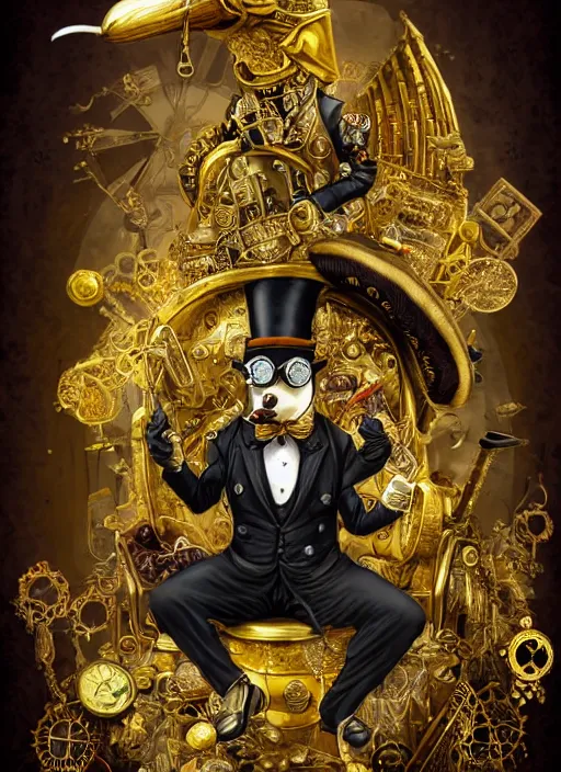 Prompt: athropomorphized rich penguin capitalist sitting on pile of gold, wearing steampunk top hat, steampunk goggles, casting spell, concept art, insanely detailed and intricate, hypermaximalist, elegant, ornate, hyper realistic, super detailed, art deco, cinematic, trending on artstation, magic the gathering artwork