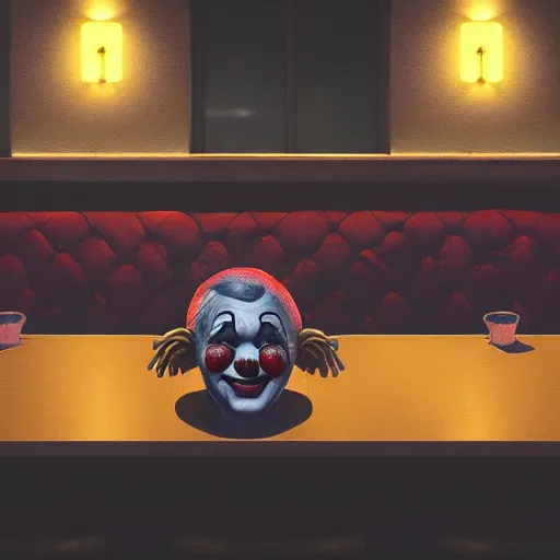 Prompt: Clown sitting in an empty diner at night, digital art, award-winning art, matte painting, horror, scary, eerie, ominous, unnerving, 8k