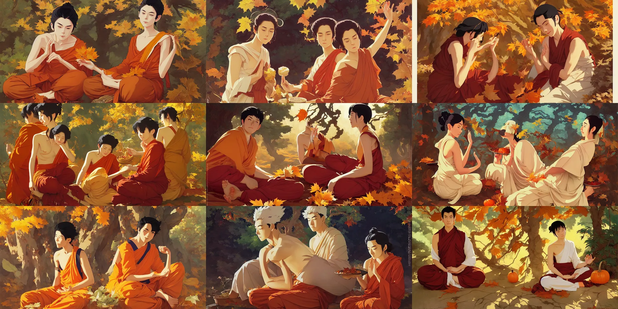 Prompt: buddhism, autumn, in the style of studio ghibli, j. c. leyendecker, greg rutkowski, artem