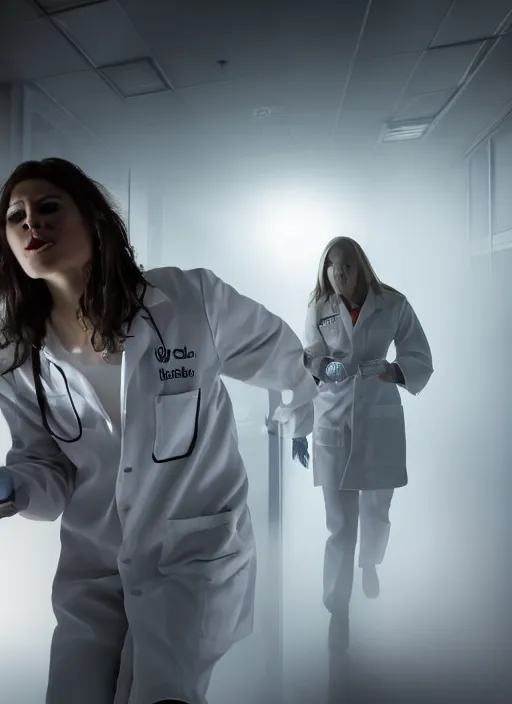 Image similar to a stock photo of a halloween female scientist open lab coat running from a monster in a lab, wide shot, 2 4 mm lens, cinematic lighting, volumetric fog, iso 8 0 0, shallow depth of field, horror movie, award winning