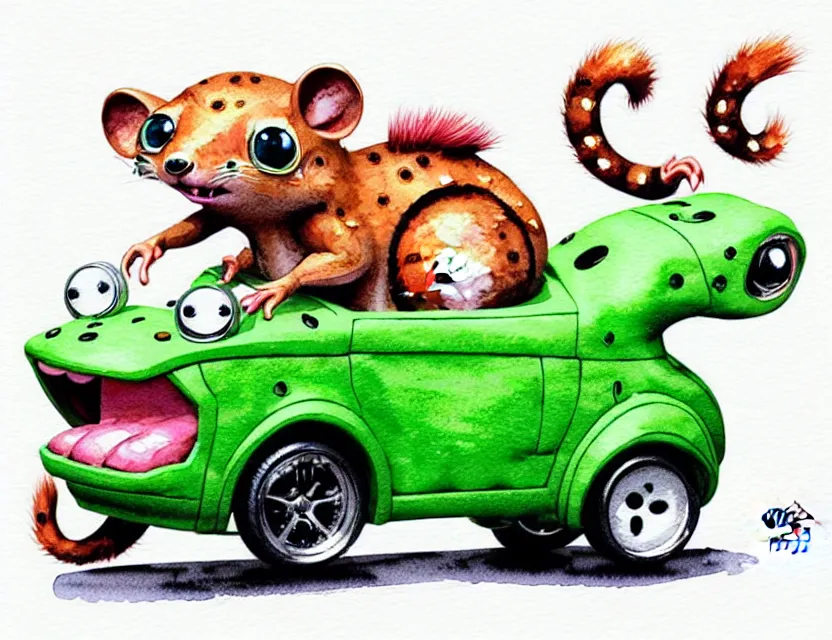 Image similar to cute and funny, quoll riding in a tiny hot rod with oversized engine, ratfink style by ed roth, centered award winning watercolor pen illustration, isometric illustration by chihiro iwasaki, edited by range murata, tiny details by artgerm and watercolor girl, symmetrically isometrically centered