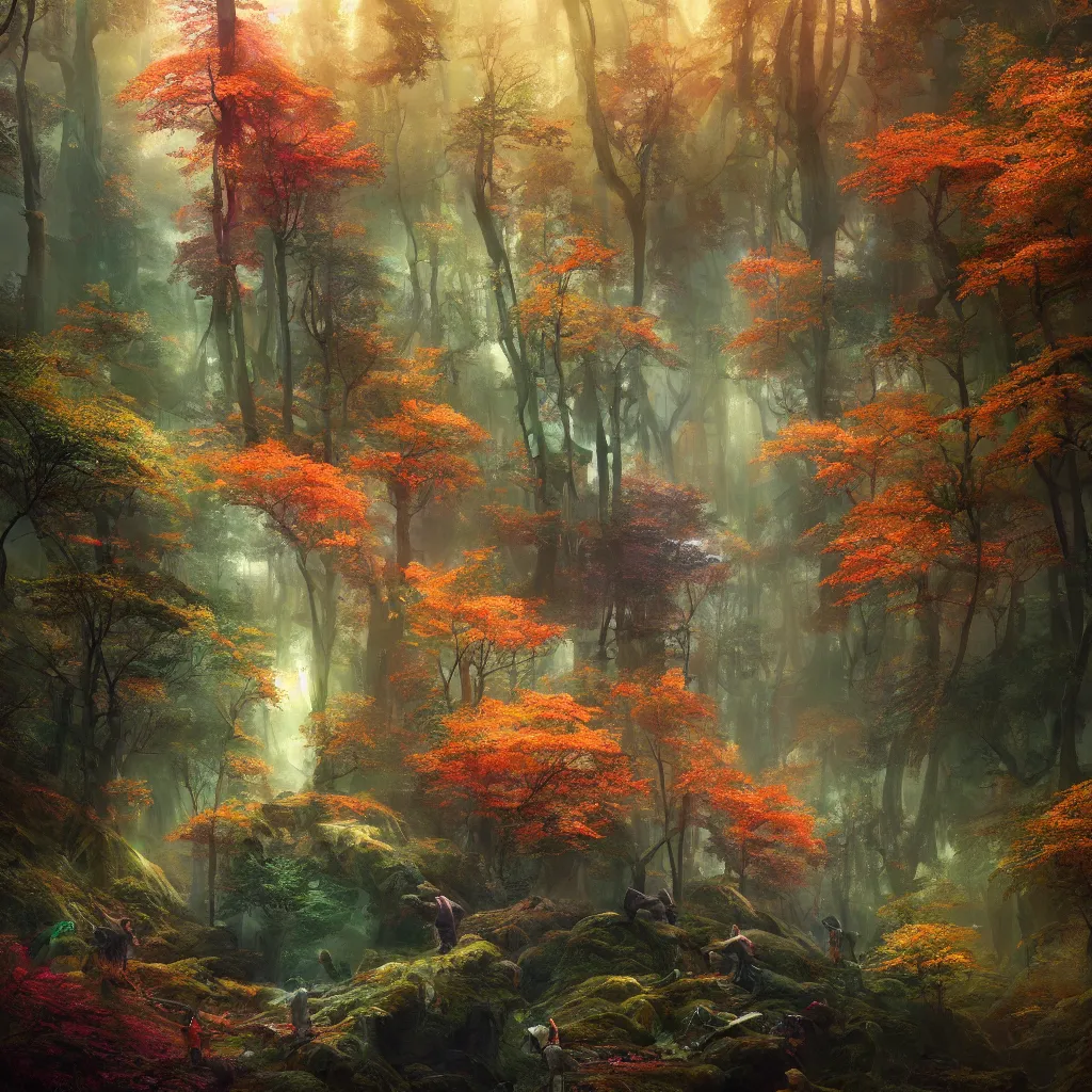 Image similar to A beautiful and colourful forest by Greg Rutkowski, Sung Choi, Mitchell Mohrhauser, Maciej Kuciara, Johnson Ting, Maxim Verehin, Peter Konig, final fantasy , 8k photorealistic, cinematic lighting, HD, high details, atmospheric,