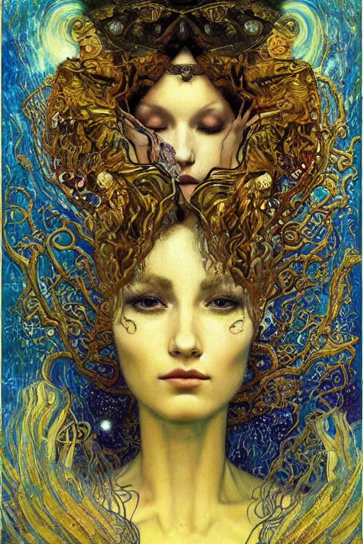 Image similar to Visions of Paradise by Karol Bak, Jean Deville, Gustav Klimt, and Vincent Van Gogh, visionary, ethereal saint portrait, otherworldly, dreamscape, radiant halo, fractal structures, infinite wings, ornate gilded medieval icon, third eye, spirals, heavenly spiraling clouds with godrays, airy colors