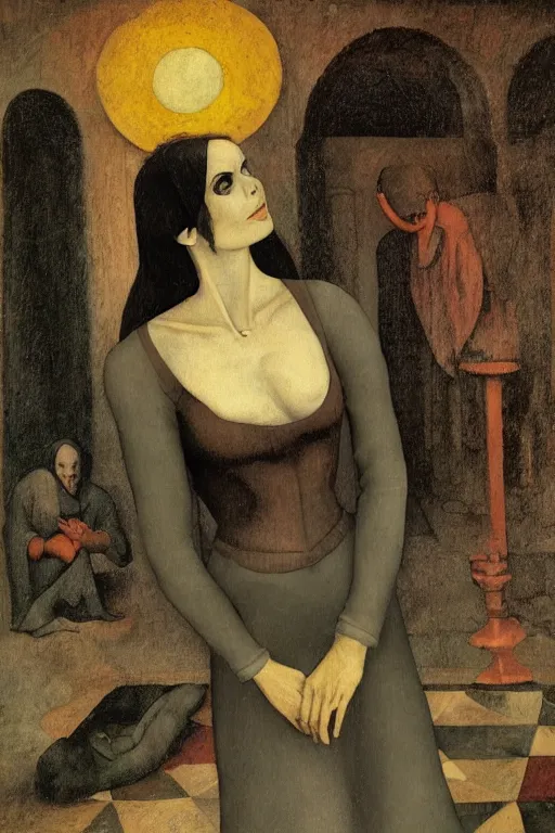 Image similar to portrait of fairuza balk as death of the endless, the sandman, grey clothes, in persian temple wet night, by pieter bruegel the elder, alexej von jawlensky, al williamson, pixiv, unsplash, cinemascope, deviantart