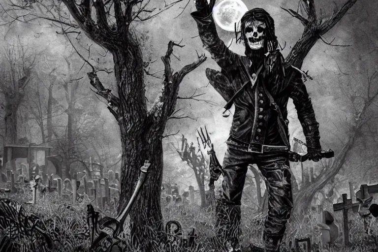 Prompt: dead anarchist walking through a cemetery, middle finger, pirate flag sticking out of his pocket, evil dead face, leather coat, dark night, full moon, the crowd of zombies around, crows on the oak tree, highly detailed digital art, photorealistic