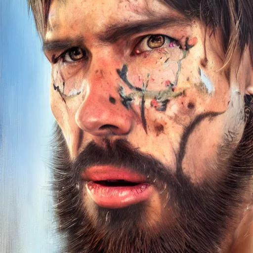 Image similar to realistic portrait painting w. ith hysterical bts member as mad max, made by michelangelo, physical painting, sharp focus, digital art, bright colors, fine art, trending on artstation, unreal engine.