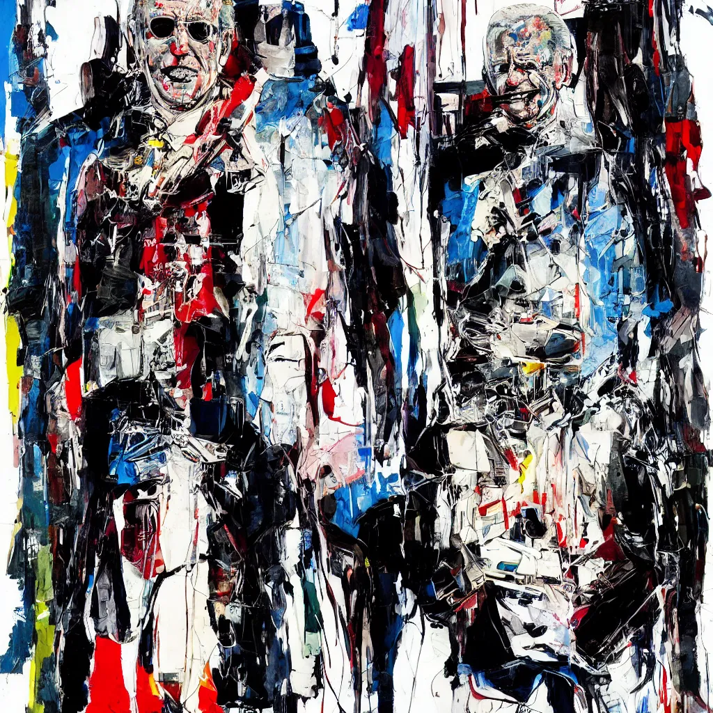 Image similar to Joe Biden full body portrait, Techwear, Cyberpunk, painting by Ralph Steadman, Francis Bacon, Hunter S Thompson