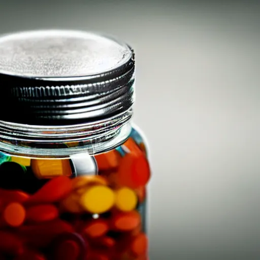 Prompt: transparent plastic bottle containing pills, close shot, 1 5 mm lens photograph