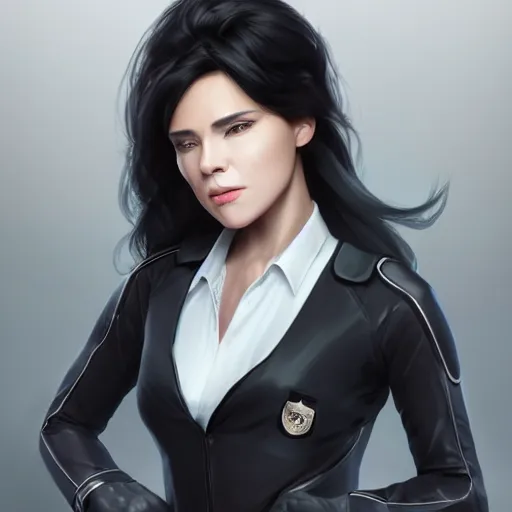 Image similar to futuristic portrait of a middle aged beautiful female police officer with jet black hair , backlit , made by Stanley Artgerm Lau, WLOP, Rossdraws, ArtStation, CGSociety, concept art, cgsociety, octane render, trending on artstation, artstationHD, artstationHQ, unreal engine, sfw, 4k, 8k,