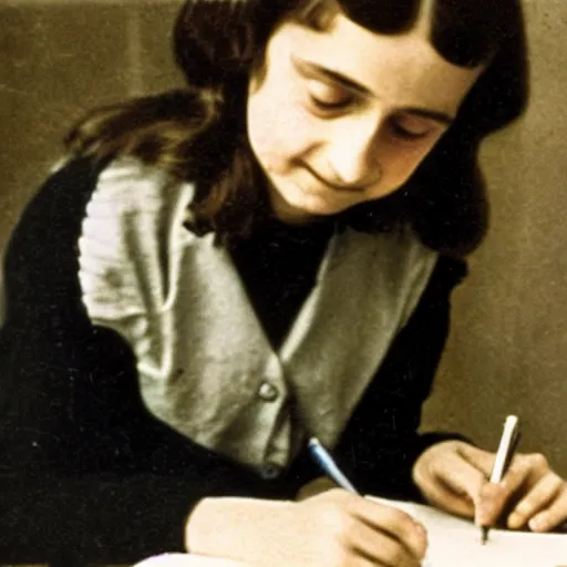 Image similar to A color photograph of Anne Frank writing in her diary