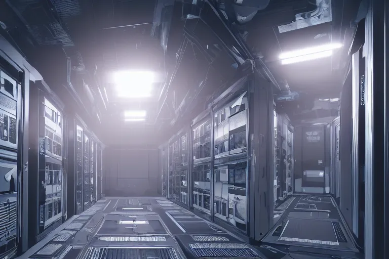 Image similar to parallax datacenter server room single mono colossus white rusty android robosaurus guard in artstation cinematic detailed concept art volumetric light sharp coherent cgsociety symmetric perfect server equipment