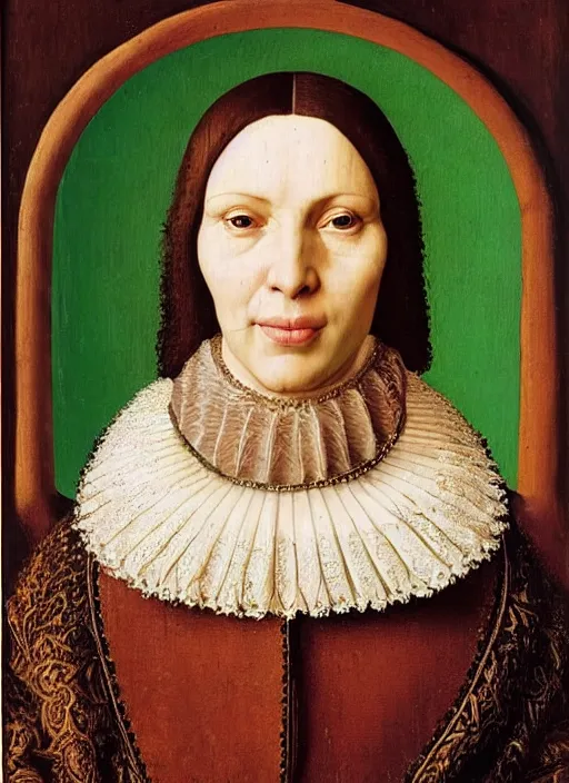 Image similar to portrait of kim kardashian, oil painting by jan van eyck, northern renaissance art, oil on canvas, wet - on - wet technique, realistic, expressive emotions, intricate textures, illusionistic detail